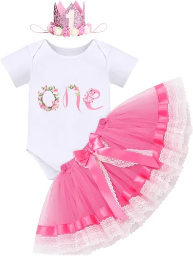Vista 15 de ODASDO Conjunto de 3 piezas de mameluco de manga corta de algodón con estampado de flores, falda tutú, corona y diadema Rosa bebé