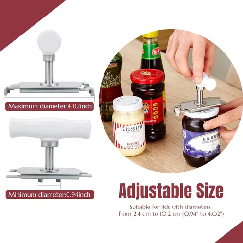 Vista 3 de Abrelatas ajustable, abridor de tarros de acero inoxidable para latas de botellas de 1 a 4 pulgadas, abridor manual de latas, removedor de tapa