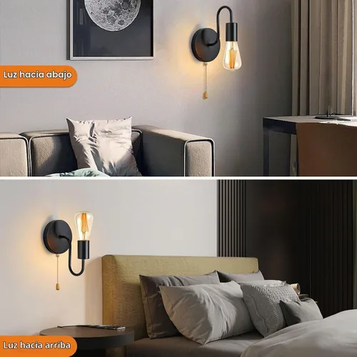 Vista 4 de Aplique de Pared Negro con Cadena de Tirar con Interruptor Luces de Pared Vintage E26 Lámpara de Pared Industrial Iluminación de Pared Retro