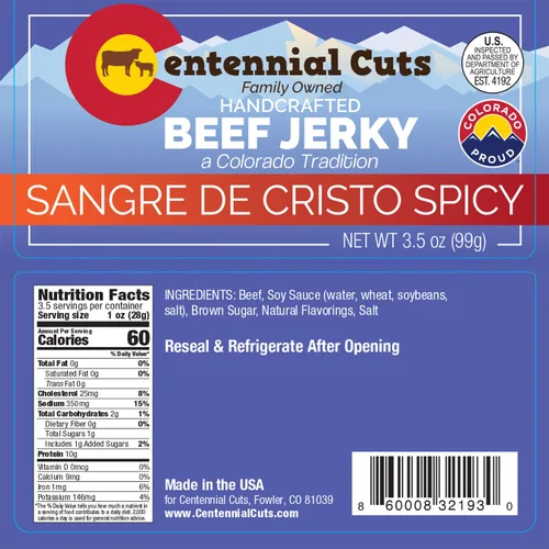 Vista 2 de Centennial Cuts - Sangre De Cristo Spicy Beef Jerky - 3.5 oz, de propiedad familiar, snack proteico