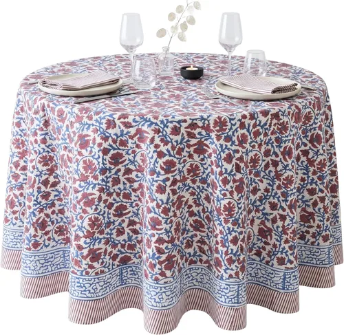 Vista 54 de ATOSII Amalfi - Mantel redondo de verano 100% algodón, estampado en bloques, para comedor, bodas, exteriores, fiestas, I Grand Millenial Farmhouse