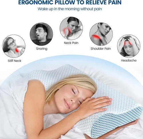 Vista 2 de Almohada de espuma viscoelástica para cama para dormir, almohada ortopédica cervical de contorno de cuello ergonómica para personas que duermen