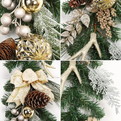 Vista 3 de Guirnalda de Navidad con luces, oro champán de 6 pies, 20 luces LED, guirnalda de Navidad preiluminada con adornos de bolas, cintas, conos de pino