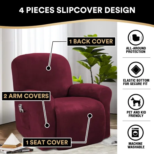 Vista 2 de PrinceDeco Funda para silla reclinable, fundas elásticas de terciopelo para sofá reclinable, estilo de 4 piezas, fundas para sillas reclinables