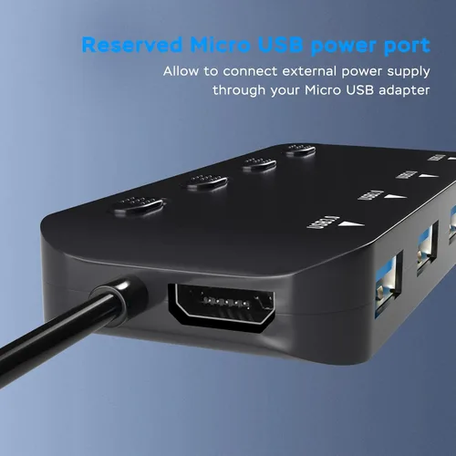 Vista 4 de Hub USB 3.0 de 4 puertos, divisor de concentrador USB portátil VVTOYER para laptop, con interruptor de alimentación individual y adaptador USB-C