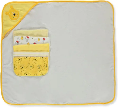 Vista 2 de Cudlie Accessories Disney Baby Winnie The Pooh - Toalla con capucha y juego de 5 toallas pequeñas, estampado de coleccionista de miel, GS71798