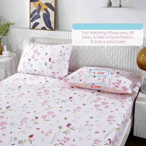 Vista 6 de RYNGHIPY Juego de sábanas de algodón con estampado floral de abejas Shabby, con fundas de almohada, juego de ropa de cama de algodón egipcio