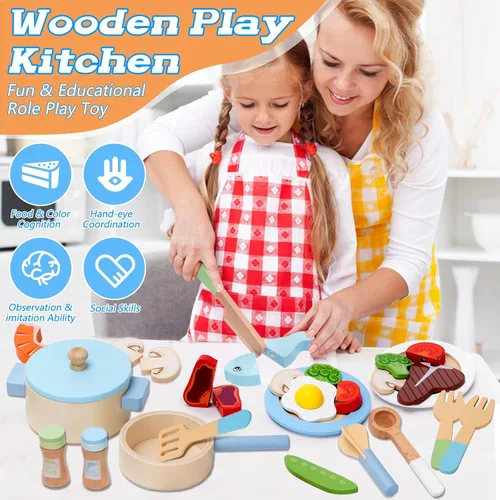Vista 4 de Accesorios de cocina de juguete, juego de cocina de madera, juego de cocina de simulación para niños, incluye estufa, ollas y sartenes de cocina