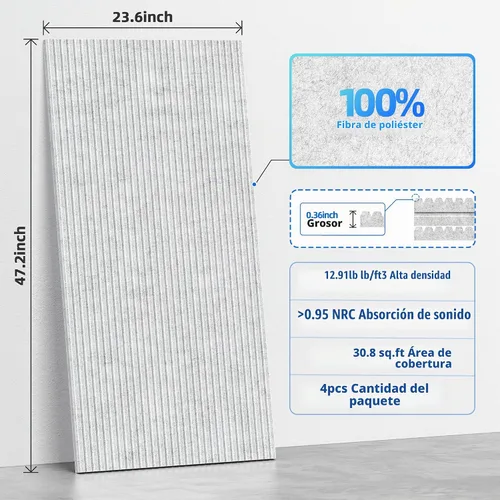 Vista 6 de Paquete de 4 paneles acústicos grandes que absorben el sonido con autoadhesivo, paneles de espuma de alta densidad a prueba de sonido de 47.2 x 23.6