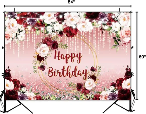 Vista 8 de Sensfun Telón de fondo floral de feliz cumpleaños, flores burdeos, oro rosa, purpurina Bokeh, fondo de fotos, fondo de vinilo para fiesta
