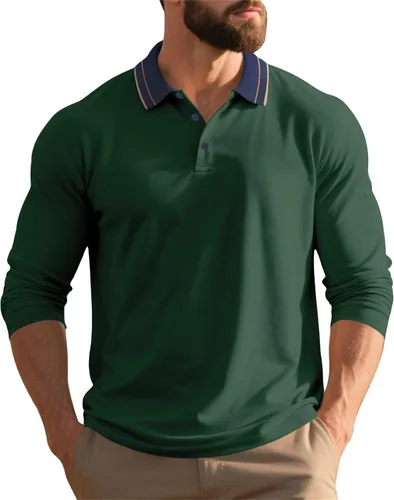 Vista 9 de Polo de manga larga para hombre, suéter clásico con botones, cuello en contraste, sudadera casual