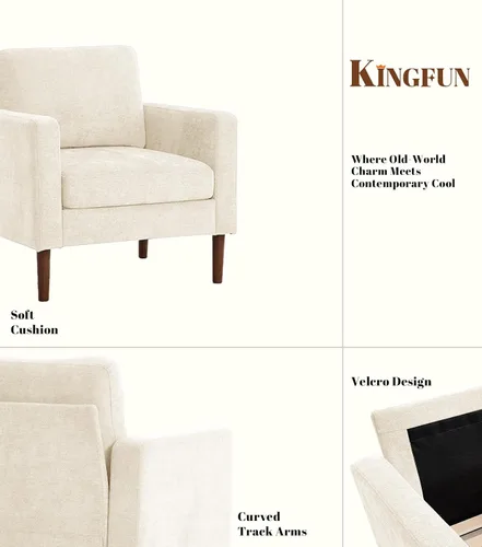 Vista 4 de Kingfun Silla decorativa, sillas de sala de estar, sillón de lectura de chenilla, de mediados de siglo con pie de madera maciza, decoración moderna