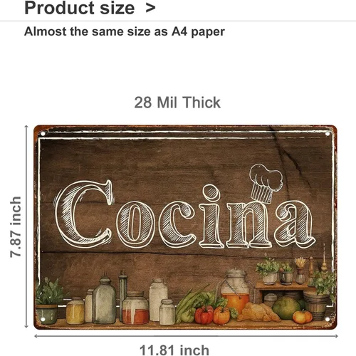 Vista 2 de Letreros de pared de metal vintage españoles "Cocina" de 8 x 12 pulgadas, carteles de metal retro para sala de estar, dormitorio, cocina, baño