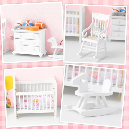 Vista 4 de Silipull Juego de 5 piezas de muebles de madera para casa de muñecas escala 1:12, miniatura, muebles de dormitorio de madera, accesorios de casa