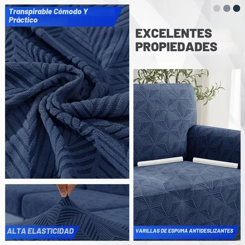 Vista 3 de YEMYHOM 1 Pieza Fundas Elásticas para Sofá de 3 Cojines, Funda de Sofá Jacquard con Parte Inferior Elástica Antideslizante, Funda Engrosada Azul