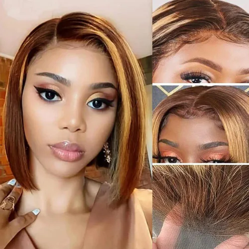 Vista 27 de Peluca de cabello humano lacio marrón con reflejos de 13 x 4, peluca frontal de encaje transparente #4, peluca corta Bob para mujeres negras