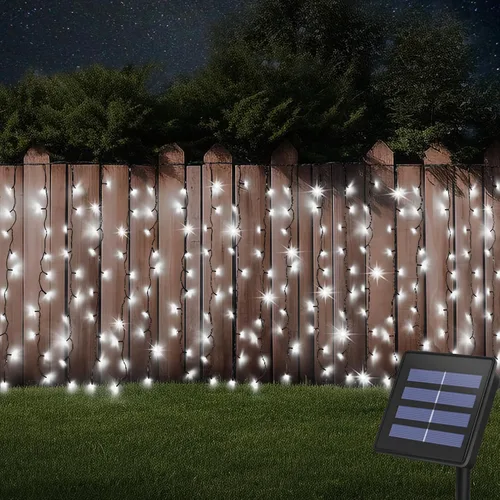 Vista 10 de DBFAIRY Cortina de luces solares, 13 x 3.3 pies, 200 luces LED solares para exteriores, impermeables, cable verde con 8 modos para decoración