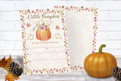 Vista 4 de Invitaciones para baby shower de otoño con diseño de calabaza, sobres de tamaño A7 incluidos, cartulina pesada de alta calidad, dos caras, diseño