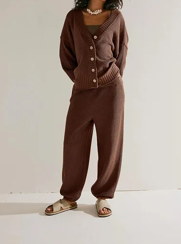 Vista 3 de calbatic Conjunto de dos piezas para mujer, suéter de punto y pantalones de pierna ancha, ajuste holgado, conjunto casual de descanso, Marrón