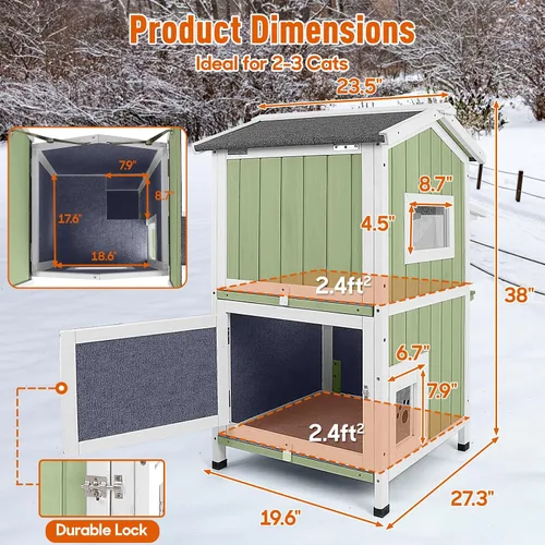 Vista 6 de Casa cálida aislada para gatos de 2 pisos, refugio resistente a la intemperie para gatos con 2 plataformas, capas térmicas, 2 puertas de escape
