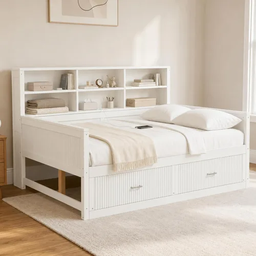 Vista 39 de VilroCaz Cama de sofá de tamaño individual de madera con estantes de almacenamiento y escritorio de estudio, estructura de cama de día Blanco