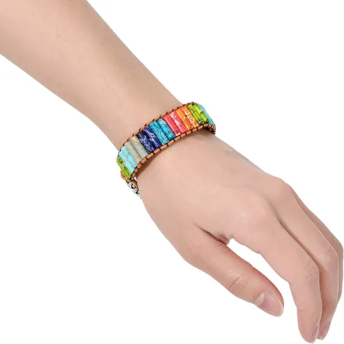 Vista 4 de sedmart - Pulseras de los 7 chakras para mujeres con piedras reales y correa de cuero, cuentas curativas para hombres y mujeres, joyería bohemia