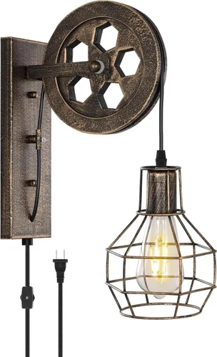 Vista 12 de 1 Luminaria Industrial de Mediados de Siglo Retro de Hierro para Pared con Polea Elevadora, Lámpara de Pared que Presenta Pantalla de Jaula