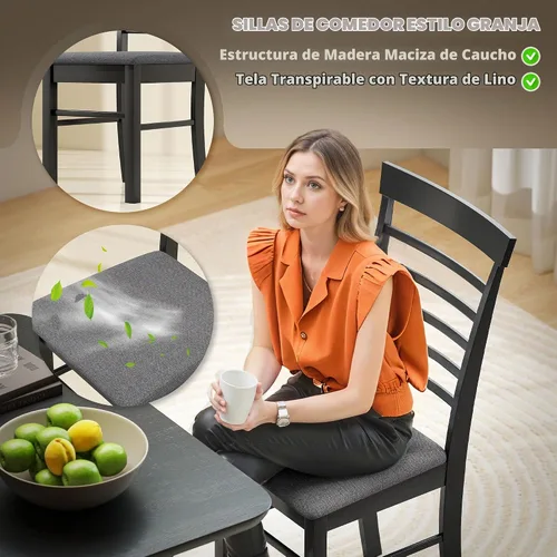 Vista 4 de HOMCOM Juego de 2 sillas de comedor de madera tapizadas, negro y gris