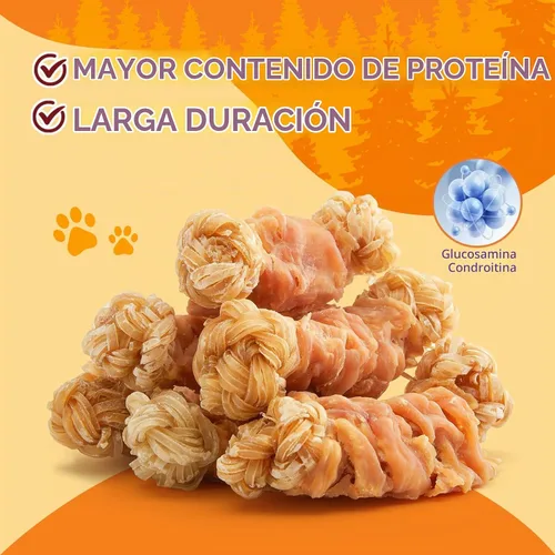 Vista 7 de Jungle Calling Masticables de larga duración para perros medianos y grandes, huesos trenzados de tendón de carne de res envueltos en pollo, sin piel