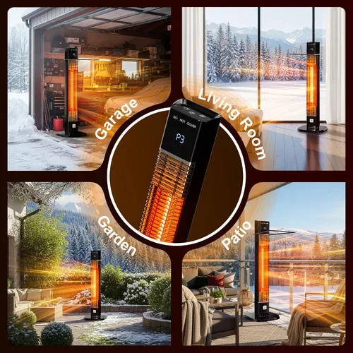Vista 7 de Calentador al aire libre de 1500 W, calentador de patio con control remoto, 3 niveles de calor, temporizador de 24H, tubo de calentamiento de fibra