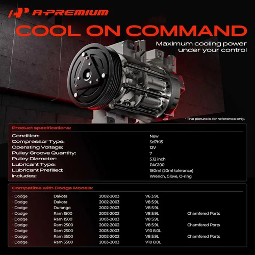 Vista 2 de A-Premium Compresor de A/C con embrague compatible con Dodge Ram 1500, Ram 2500, Ram 3500 2002-2003, Ram 4000 2002, Dakota 2002-2003, Durango