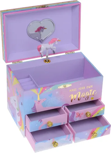 Vista 3 de Jewelkeeper Cotton Candy Unicorn - Caja de almacenamiento musical grande para joyas con 4 cajones extraíbles, joyero musical para niña, hermoso tono