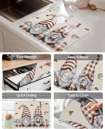 Vista 4 de Tapete de secado de platos de gnomos de café para encimera de cocina, granos de café retro a cuadros marrones, almohadilla de secado de microfibra
