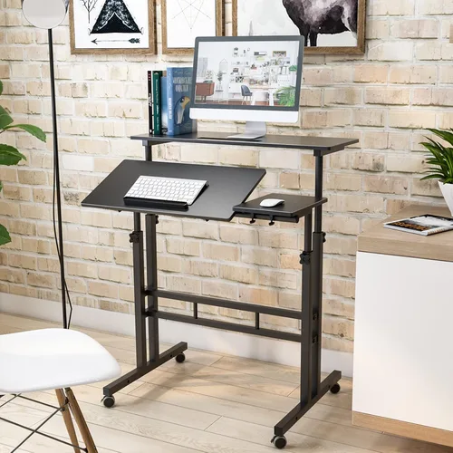 Vista 4 de DlandHome Escritorio para computadora, escritorio ajustable con ruedas, escritorio de pie, 31.5 pulgadas de largo x 23.6 pulgadas de ancho x 26.4 a