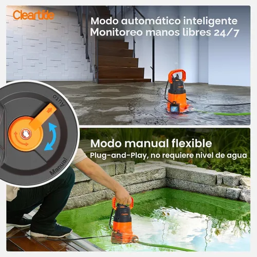 Vista 3 de Cleartide Bomba de Sumidero Sumergible, Sensor de Agua Inteligente Auto Encendido/Apagado, Modo Manual/Automático, Bomba de Agua de Utilidad