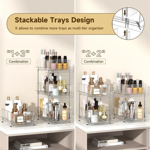 Vista 5 de HIHEGD Organizador de Almacenamiento de Baño de 2 Niveles con Separadores, Transparente, Extraíble Debajo del Fregadero para Cocina, Despensa