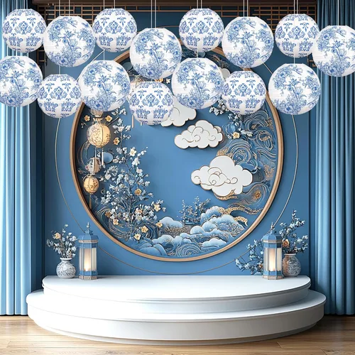 Vista 4 de 15 linternas de papel chinas, decoración de chinoiserie, farol de porcelana azul y blanco para colgar para mediados de otoño, festival, fiesta