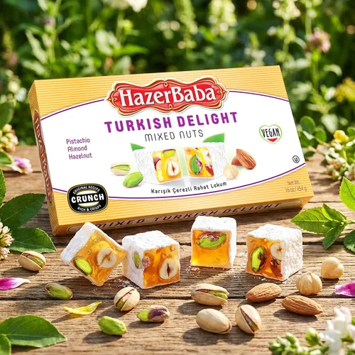 Vista 7 de Hazer Baba Delicias Turcas, Caja de bocadillos gourmet con nueces mixtas y sabor a vainilla, bocadillo tradicional vegano, Lokum turco, dulces
