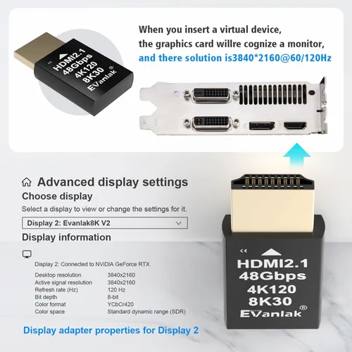 Vista 2 de EVanlak 4K 120Hz HDMI 2.1 Dummy Plug edid Headless - Emulador de pantalla virtual de alta resolución para PC, auriculares VR minería