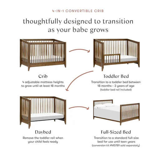 Vista 9 de Babyletto Sprout - Cuna convertible 4 en 1 con kit de conversión de cama para niños pequeños en nogal natural, certificado Greenguard Gold