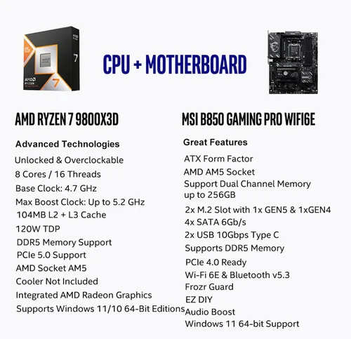 Vista 2 de MICRO CENTER Procesador AMD 9800X3D con combo MSI B850 Gaming PRO WIFI6E MB AMD Ryzen 7 9800X3D + MSI B850 GAMING PRO WIFI6E