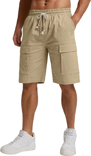 Vista 3 de Sailwind Pantalones cortos de lino cargo para hombre, pantalones cortos de playa de verano con cordón