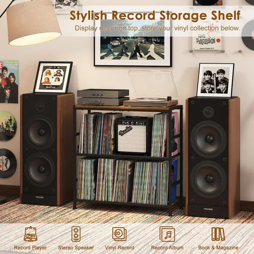 Vista 3 de Sonyabecca Soporte para tocadiscos con 4 divisores ajustables, almacenamiento de discos de vinilo hasta 350 álbumes, soporte de almacenamiento
