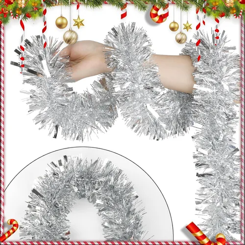 Vista 2 de DECORA - Guirnalda de oropel plateado de 33 pies, guirnalda de oropel metálico colgante para árbol de Navidad, decoración para el hogar y fiestas
