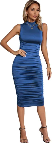 Vista 5 de Umenlele Vestido midi sin mangas para mujer, con cuello alto falso, fruncido, entallado, tubo para discoteca y salidas nocturnas