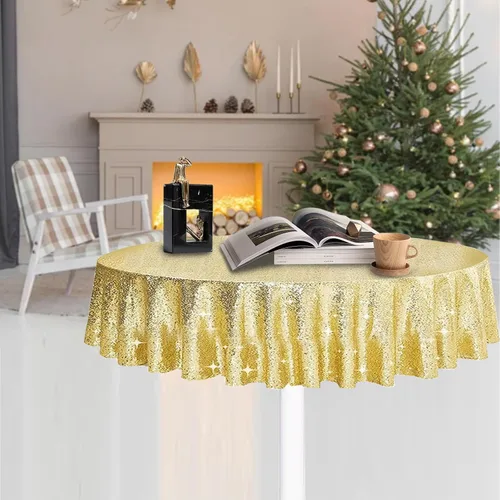 Vista 5 de Mantel redondo de lentejuelas doradas de 50 pulgadas, mantel redondo superpuesto, mantel redondo con purpurina dorada para bodas, fiestas
