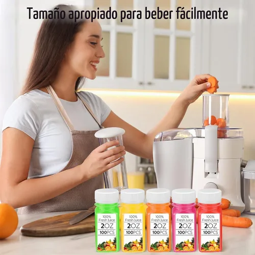 Vista 7 de Sliner 200 botellas pequeñas de plástico de 2 onzas para jugo, botella de jugo de jengibre con tapas, recipiente reutilizable transparente