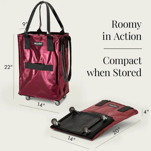 Vista 4 de HULKEN (Pequeño, Rojo Cósmico) Bolsa de comestibles reutilizable sobre ruedas, carrito de compras, bolsa con ruedas, cierre de cremallera, ligera