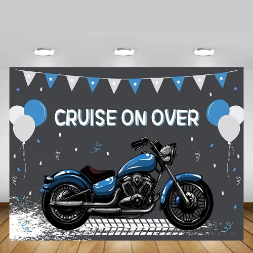 Vista 5 de MEHOFOND Telón de fondo de cumpleaños de motocicleta para niños, decoración de globos azules y blancos de carreras geniales para deportes extremos