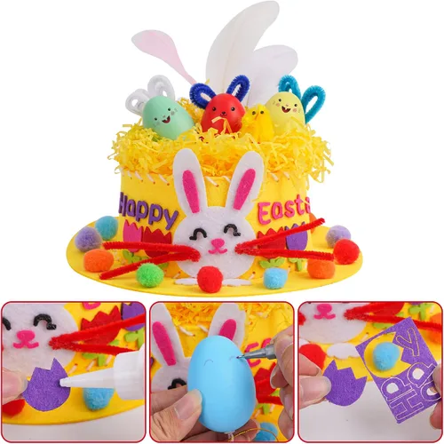 Vista 3 de Kit de sombrero de Pascua para niños, kit de manualidades de huevos de conejito de Pascua Amarillo